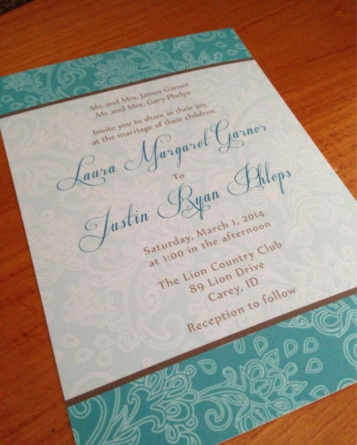 Floral Turquoise Brown Wedding Invitation by CCPrintsbyTabitha