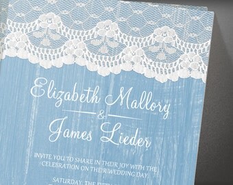 Blue Rustic Lace & Barn Wood Wedding invites