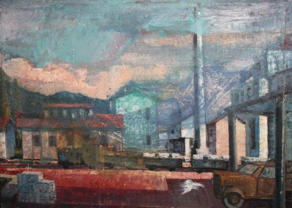 1967 Industrial Cityscape Factory Oil Painting by jazzystudio