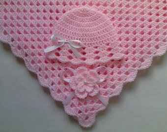 Crochet Baby Blanket Hat Set, Nursery Bedding christening baptism gift afghan, deken, colcha , coperta, Babydecke, manta
