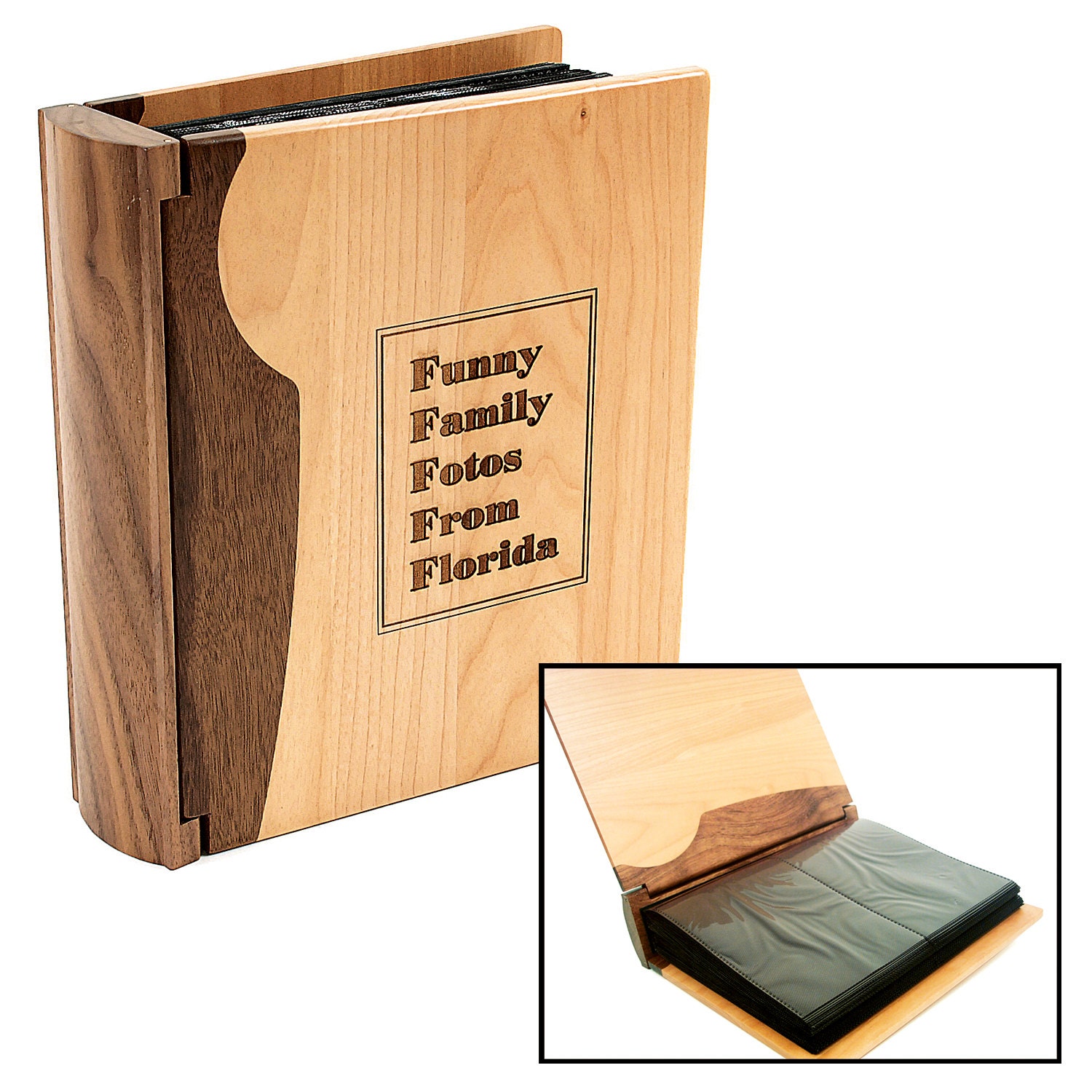 Custom Engraved Wood Photo Album with Rosewood or Walnut Spine