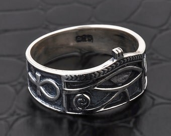 Silver Eye of Horus Ring, Silver Ankh Ring, Eye of Horus & Ankh Sterling Silver Ring, Silver Egyptian Ring, Eye of Horus Ring, Ankh Ring