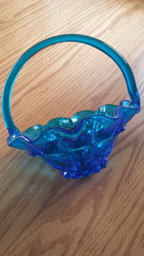 Fenton Blue Vintage Basket with Handle and Fluted Edge 1960s