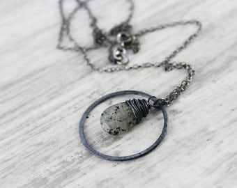 Wire Wrap Necklace, Moss Quartz Gemstone Necklace, Circle, Pendant Drop, Spotted Necklace, Brown Necklace, Black Oxidized Sterling Silver