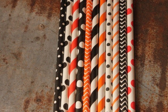 Halloween Party Straws - Set of 30 - black, orange, dots, stripes, chevron Il_570xn