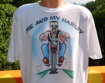 vintage 80s airbrushed t-shirt me & MY HARLEY davidson motorcycles biker tee shirt XL white beard