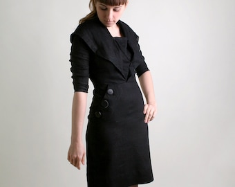 Vintage 1950s Wiggle Dress - Black Noir Button Fitted Dress - Medium