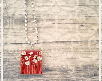 Daisy Necklace, Scrabble Tile Necklace, Daisies Red, Scrabble Jewelry Pendant, Game Piece Necklace, Cute Necklace Pendant