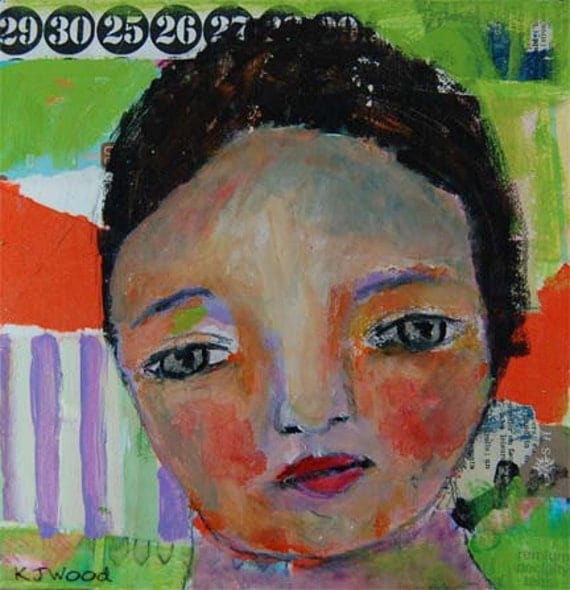 Acrylic Portrait Painting, Nellie, 8x8 Collage, Mixed Media, Canvas, Original, Mixed Media, Girl, Orange, Lime Green, Stripes