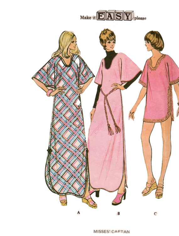 McCalls 3478 1970s Misses Pullover Caftan Pattern Shaped Neck