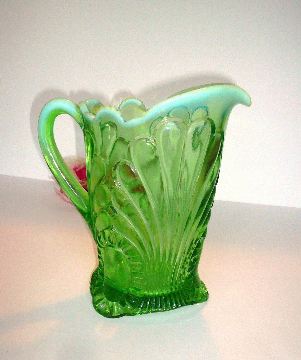 Sale ! Green Glass Pitcher Opalescent Pitcher Jefferson Glass Pitcher
