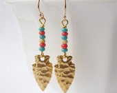 Arrowhead Turquoise Red Ivory Beaded Earrings, AA