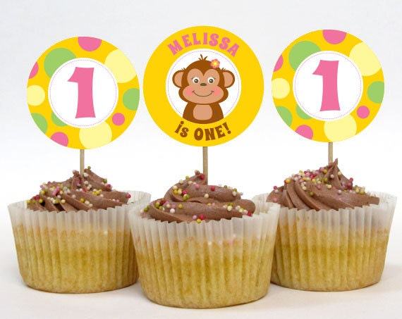 Personalized Monkey Party Cupcake Toppers – 2 Inch Circles – DIY Printable – Monkey Girl (Digital File) Il_570xn