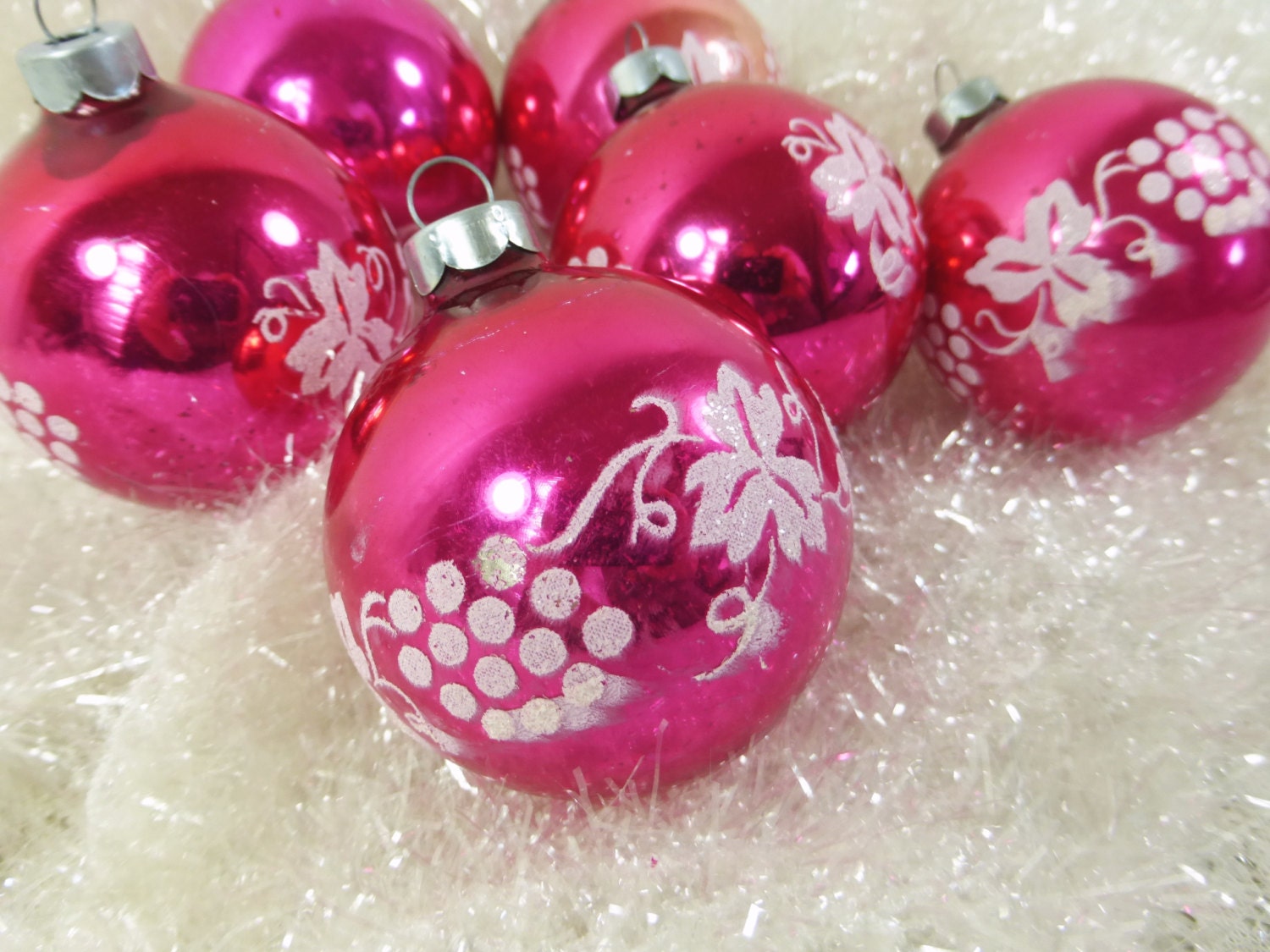 Bright Pink Glass Ball Ornaments 6 Pink Grape Motif Stenciled