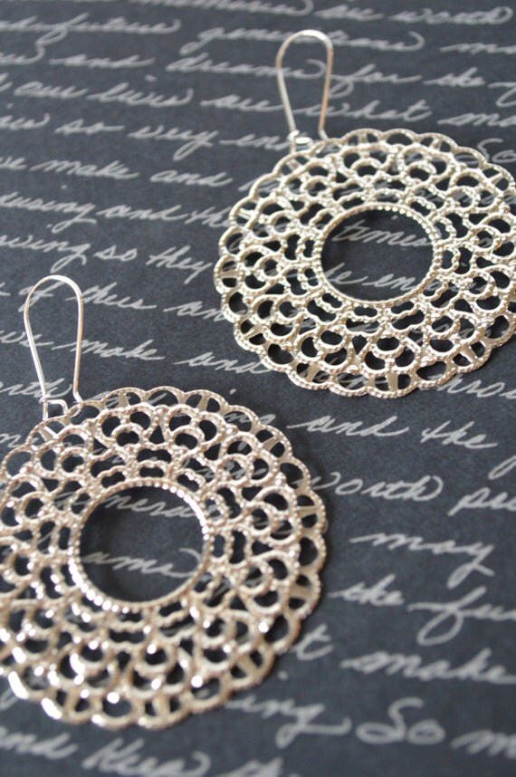 Silver Lacy Circle Earrings, Metal Filigree Boho Earrings, Bohemian Hippie Chic Earrings