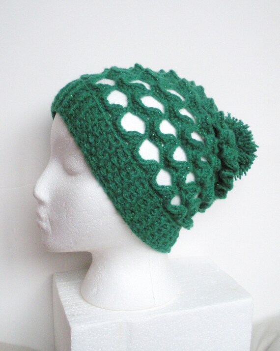 Lacey Crochet Slouch Beanie Hat in Green Shimmer ready by luvbuzz