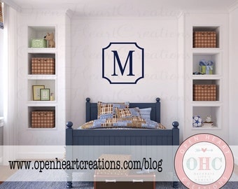 Modern Single Initial Monogram Wall Decal with Frame Border - Personalized Vinyl Decal for Nursery Teen or Family Name 22 x 22 FN0582