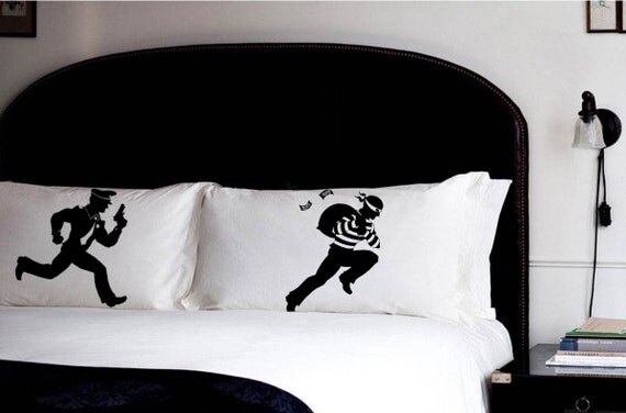 2 PILLOW FIGHTING vintage Cops and Robbers pillowcases police chase tag game guns fight pulp retro Gift Black White room old pillow case New