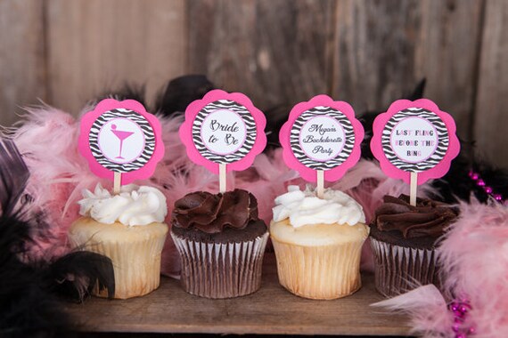 Bachelorette Party Cupcake Toppers - Bridal Shower Decorations - Hot Pink and Zebra Martini Glass Theme Bachelorette Party Cupcake Toppers Il_570xn