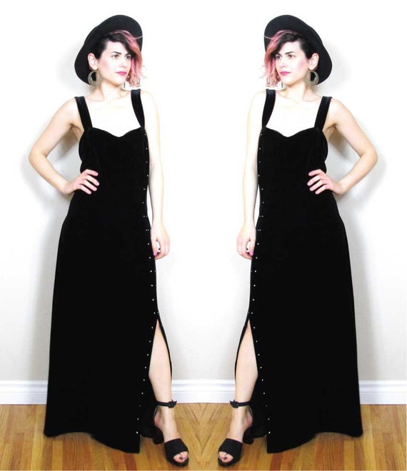 90s Black Velvet Maxi Evening Dress Plus Size Prom Dress Rhinestones ...