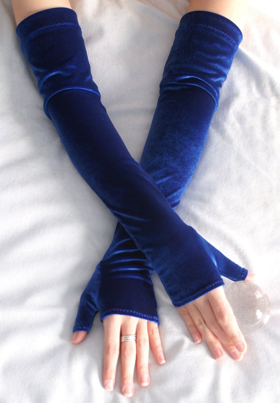 Royal blue velvet armwarmers fingerless gloves by Tonyaringdesigns