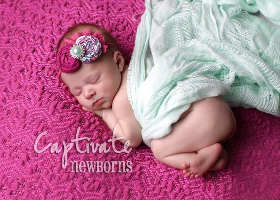 Peyton- magenta and aqua double rosette headband with lace and pearl