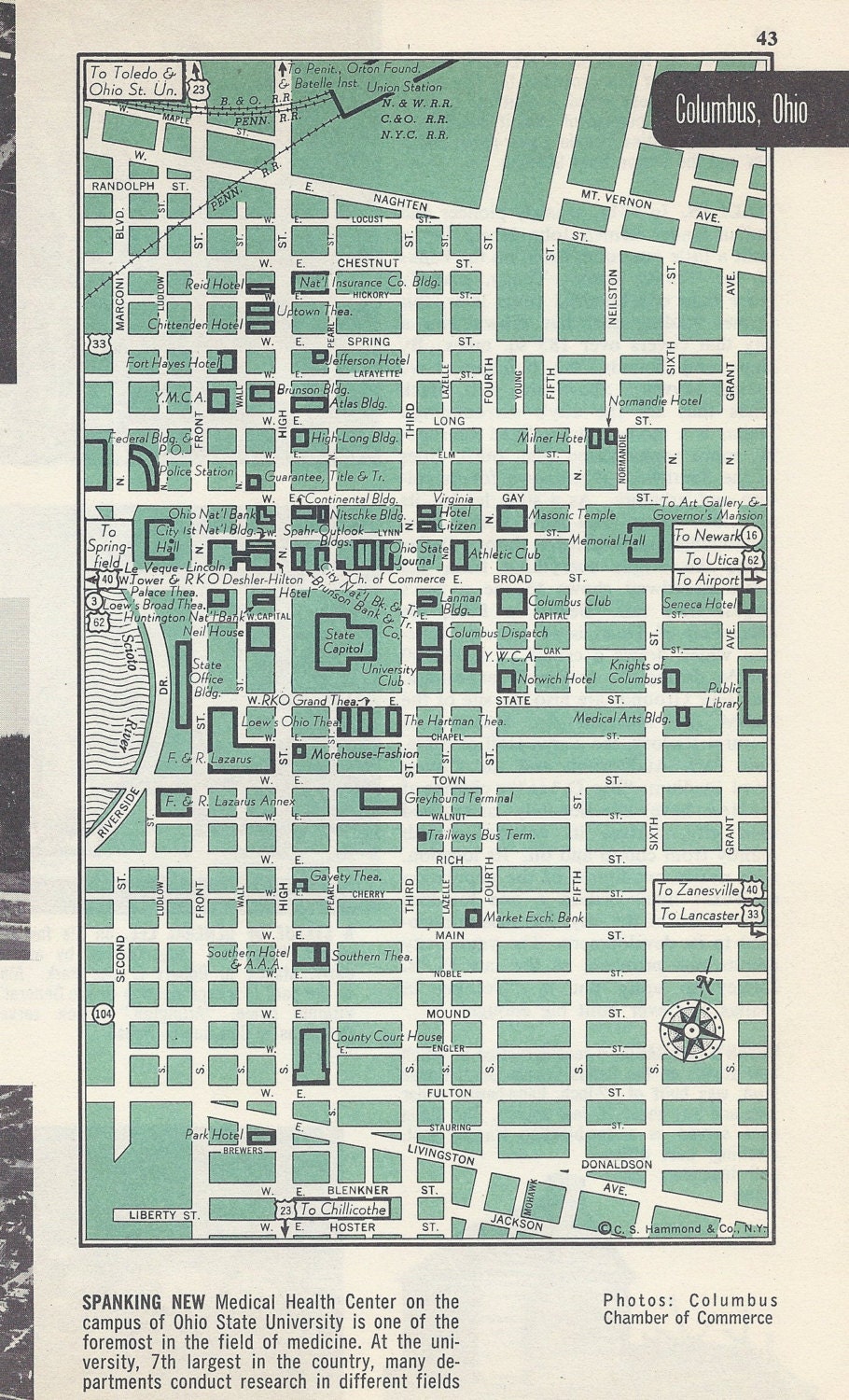 Columbus Ohio City Map Street Map 1950s Green Black and