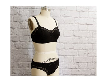 Organic Cotton Bra & Panties Lingerie Set 'Basic Black' with Lace Trim Handmade by Ohh Lulu