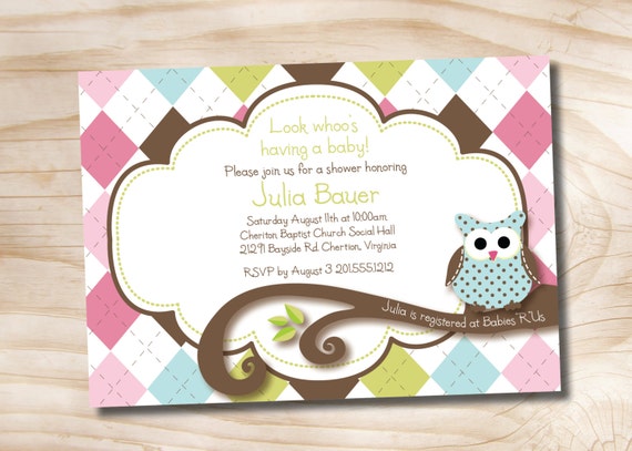 ARGYLE OWL Baby Shower Party Invitation - Printable Digital file or Printed Invitations Il_570xn