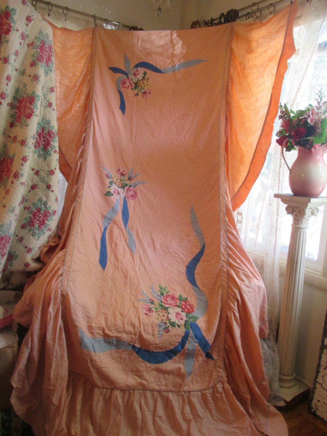 PRETTY Vintage Peach Floral Ribbon Bouquet Applique Ruffled