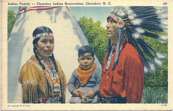 1940s Color Postcard with Cherokee Indian Family North Carolina