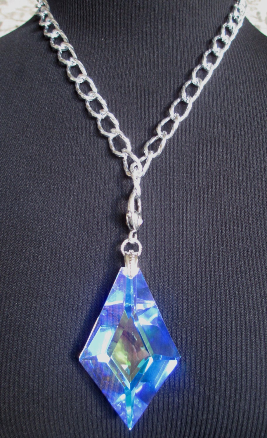 Large Statement Crystal Prism Necklace Silver Tone Detailed
