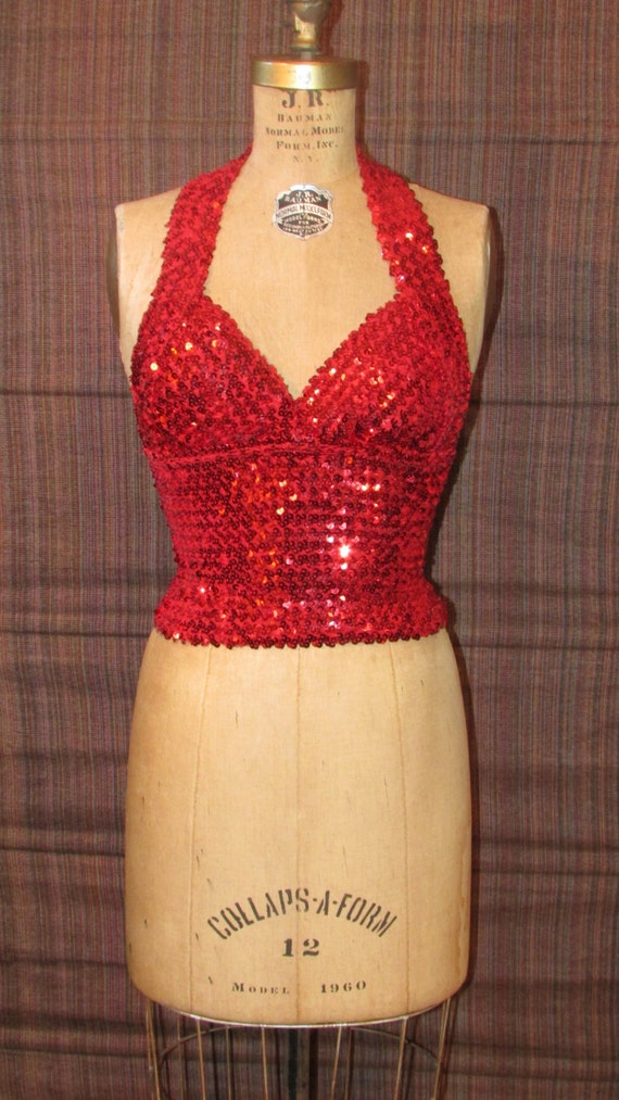 Vintage 1970s Red Sequin Halter Top Stretchy Tube Top Sexy