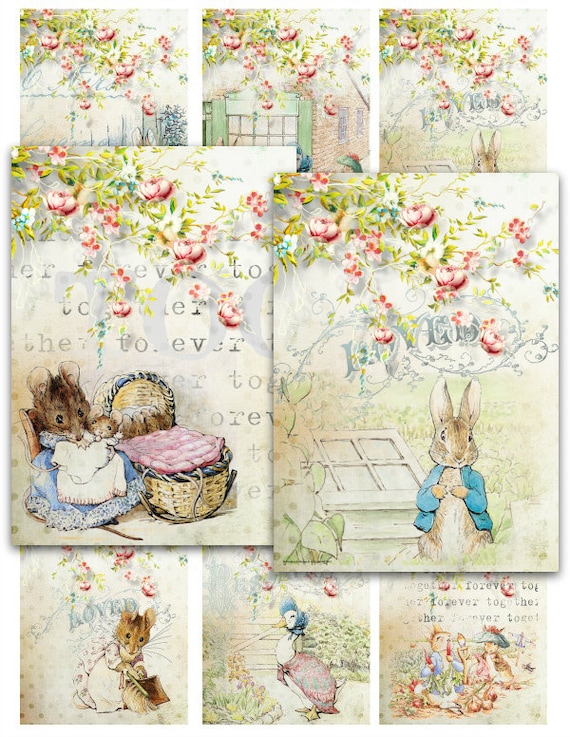 NEW! Shabby Cottage PETER RABBIT and friends jemima duck benjamin bunny Digital Collage Sheet jewelry atc Vintage Instant Download