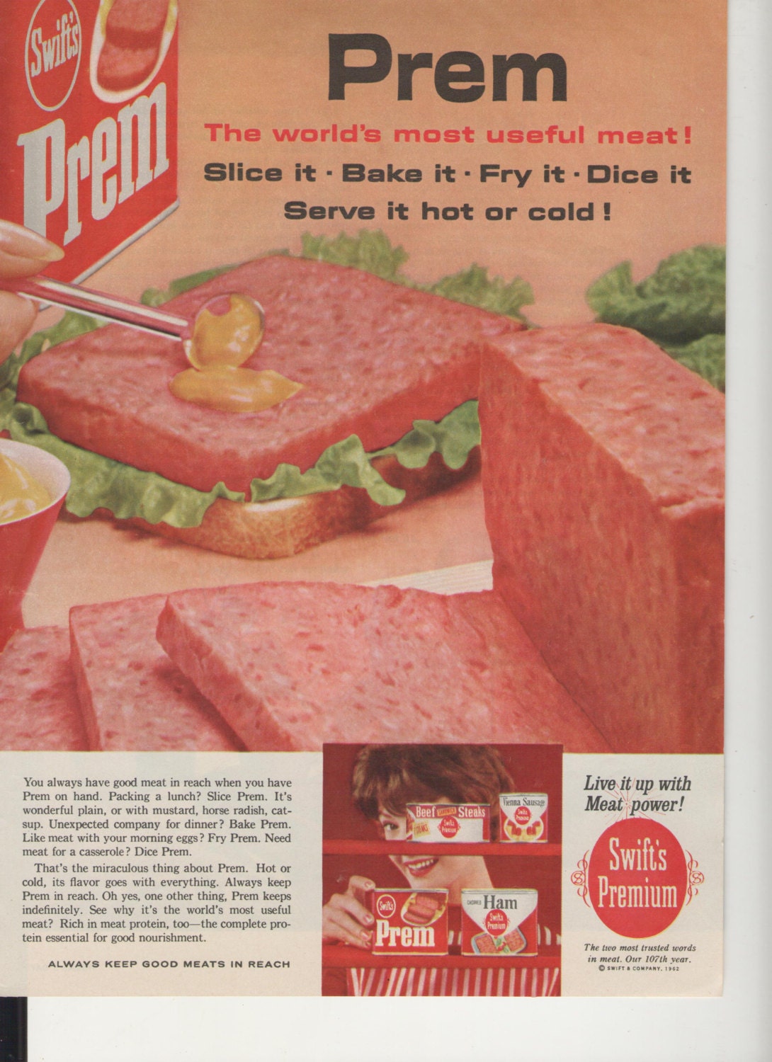 1962 Advertisement Prem Canned Meats by Swift Premium Keeps