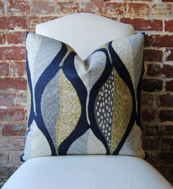 Woodblock Leaf Indigo Pillow Cover 20 in square