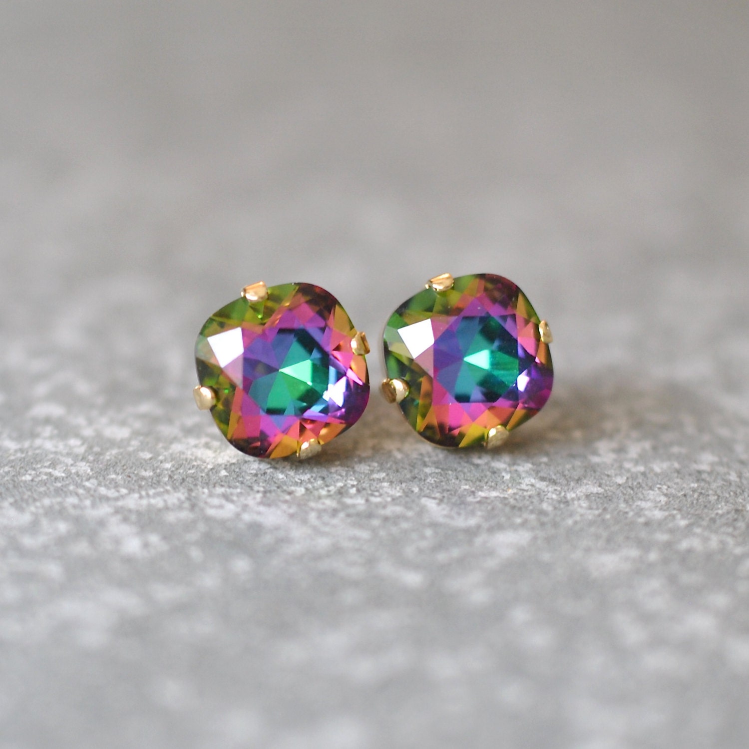 Jewel Tone Rainbow Earrings Swarovski Crystal Rare Square Stud