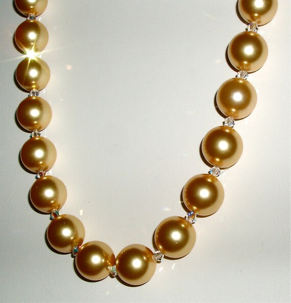 Golden Pearl and Clear Crystal Necklace by marcelltreah on Etsy