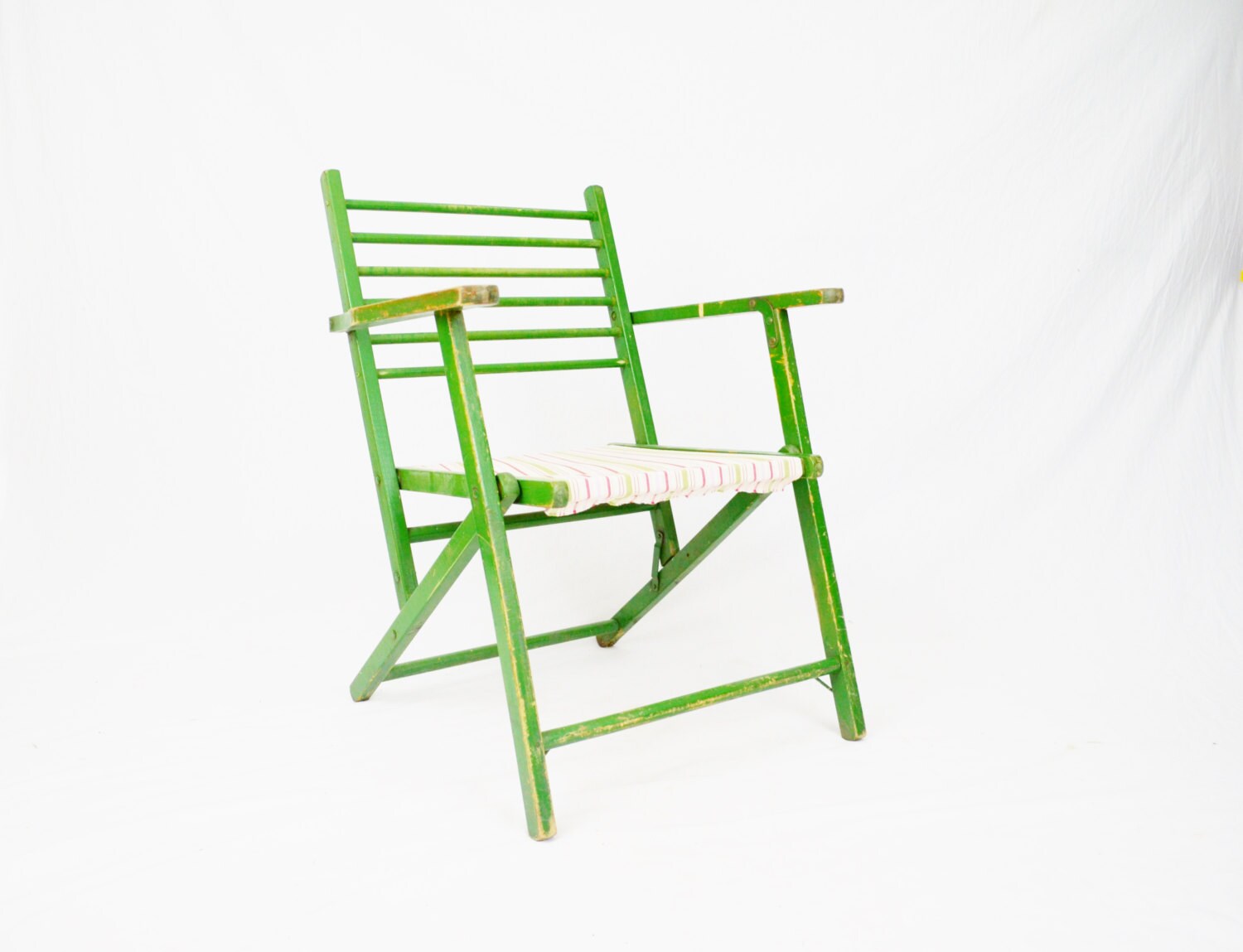 Green Wooden Folding Chair with Cloth Striped Seat