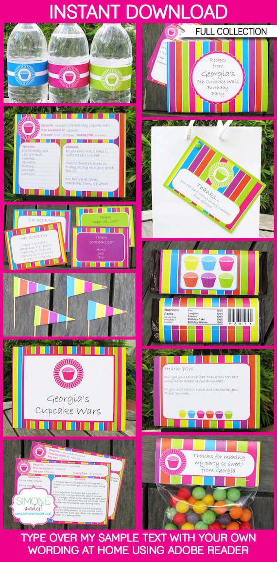 Cupcake Party - INSTANT DOWNLOAD full Printable Birthday Collection + Invitation - EDITABLE text that you personalize with Adobe Reader Il_570xn