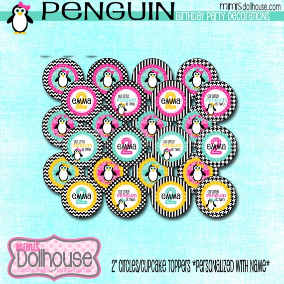 Personalized Penguin 2" Circles/Cupcake Toppers Pink Teal- 2" Cupcake Toppers Penguin Pink Teal-PDF Il_570xn