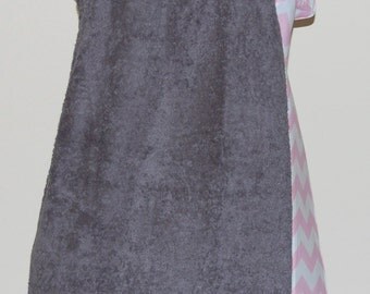 One of a Kind Sample Monogrammed Gray Towel Wrap with Pink and White Chevron Trim