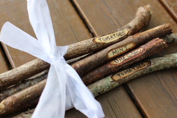Outdoor garden labels, garden marker, plant stakes for herbs and vegetables, rustic natural eco friendly stick twig branch
