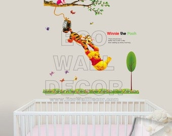 PEEL and STICK Kids Nursery Removable Vinyl Wall Sticker Mural Decal Art - Winnie the Pooh Tiger Swinging & Piglet on Tree Branch in Garden