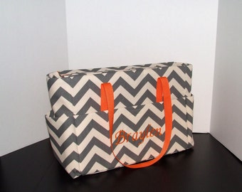 Tote/Diaper bag in large grey chevron with orange trim (Monograming has an additional charge)