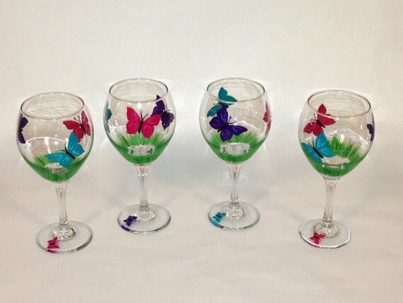Spring Butterflies Hand Painted Wine Glasses Set of 4