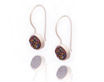 Druzy Drop Earrings - Peacock Druzy in Sterling Silver - Druzy / Drusy Quartz Earring - Sterling Silver - Round Druzy Drop Earring