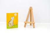 SPRING ART Yellow painting Original tiny cat painting with wooden easel / Funny small cute kitty and soap bubble / Nursery decor 2x3