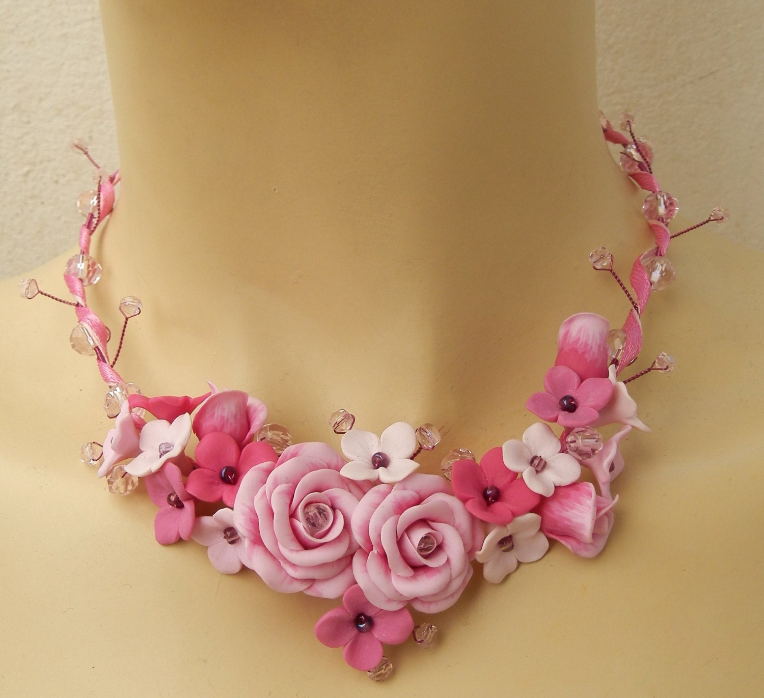 Statement Spring Pink Flower necklace Roses necklace