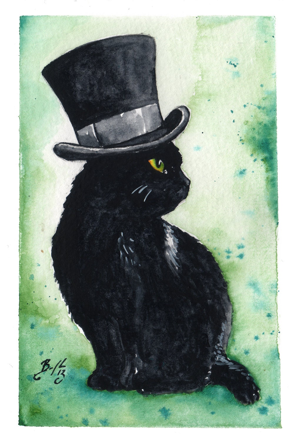 A Very Fine Hat: Fine Art Giclee Watercolour Black Cat Print